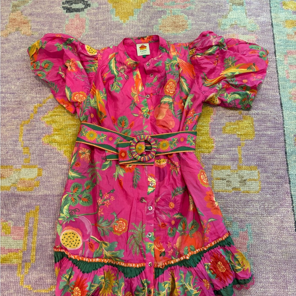 FARM Rio Hot Pink Tropical Floral Belted Puff-Sleeve Dress - Picture 1 of 2